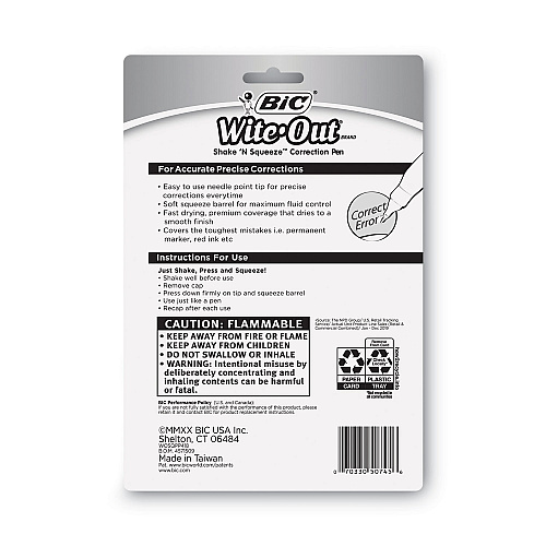 BIC Wite-Out Shake 'n Squeeze Correction Pen, Needle Tip, 0.27 oz, White, 4/Pack (WOSQPP418)