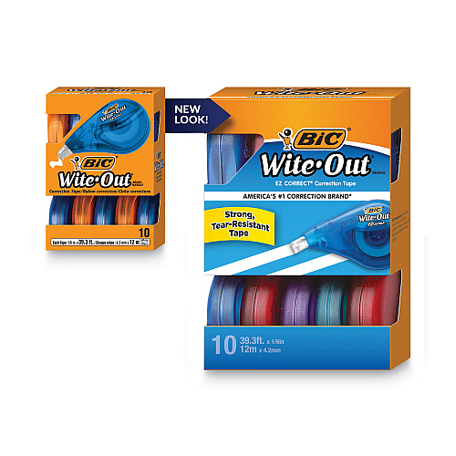 BIC Wite-Out EZ Correct Correction Tape Value Pack, Non-Refillable, Randomly Assorted Applicator Colors, 0.17" x 472", 10/Box (WOTAP10)