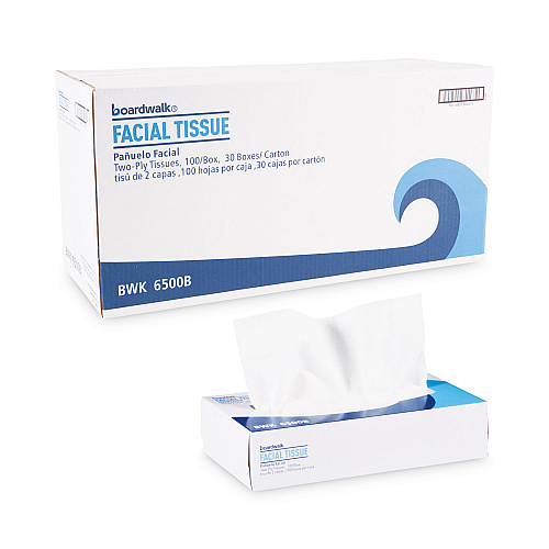 Boardwalk&reg; Facial Tissues, 2-Ply, 100 Tissue Box, 30 Boxes (BWK6500B)
