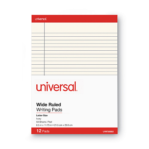 Universal Colored Perforated Ruled Writing Pads, Letter Size Pad (8.5 x 11.75), Wide/Legal Rule, 50 Ivory 8.5 x 11 Sheets, Dozen (UNV35882)