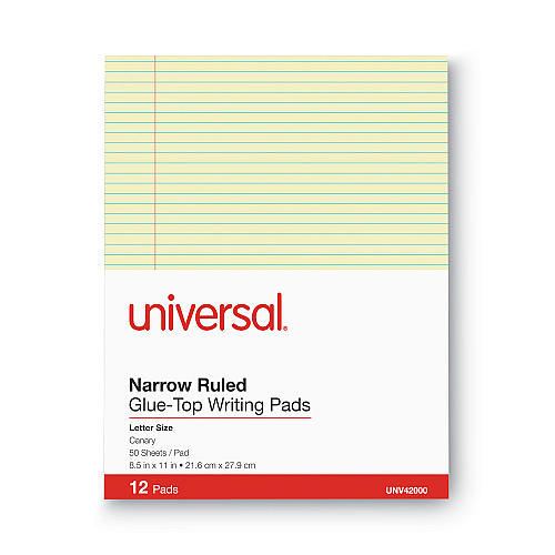 Universal Glue Top Pads, Narrow Rule, 50 Canary-Yellow 8.5 x 11 Sheets, Dozen (UNV42000)
