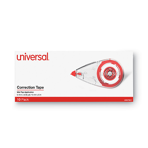 Universal Correction Tape, Mini Economy, Non-Refillable, Clear/Red Applicator, 0.25" x 275", 10/Pack (UNV75611)