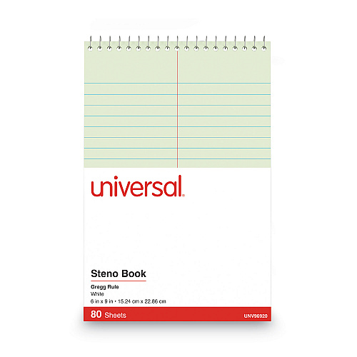 Universal Steno Pads, Gregg Rule, Red Cover, 80 Green-Tint 6 x 9 Sheets (UNV86920)