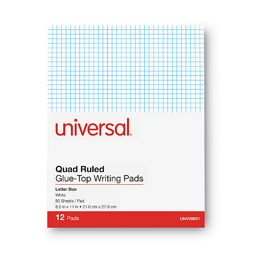 Universal Quadrille-Rule Glue Top Pads, Quadrille Rule (4 sq/in), 50 White 8.5 x 11 Sheets, Dozen (UNV20631)