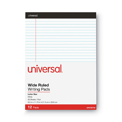 Universal Premium Ruled Writing Pads with Heavy-Duty Back, Wide/Legal Rule, Black Headband, 50 White 8.5 x 11 Sheets, 12/Pack (UNV30730)