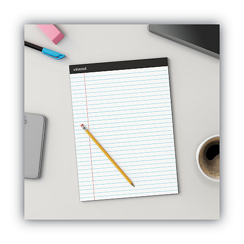 Universal Premium Ruled Writing Pads with Heavy-Duty Back, Wide/Legal Rule, Black Headband, 50 White 8.5 x 11 Sheets, 12/Pack (UNV30730)