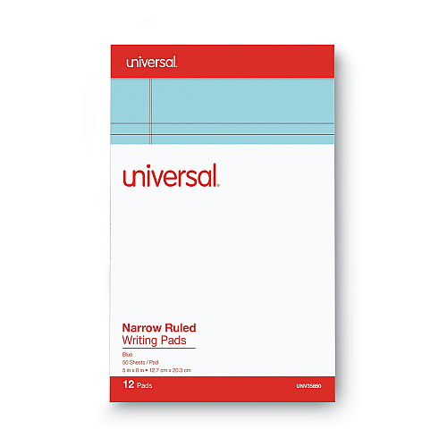Universal Colored Perforated Ruled Writing Pads, Narrow Rule, 50 Blue 5 x 8 Sheets, Dozen (UNV35850)