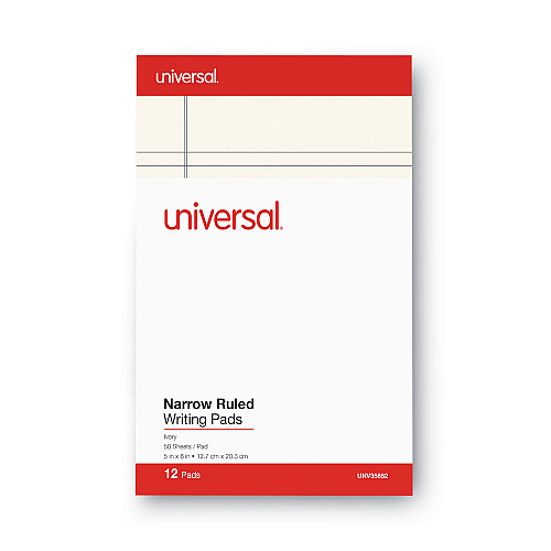 Universal Colored Perforated Ruled Writing Pads, Narrow Rule, 50 Ivory 5 x 8 Sheets, Dozen (UNV35852)