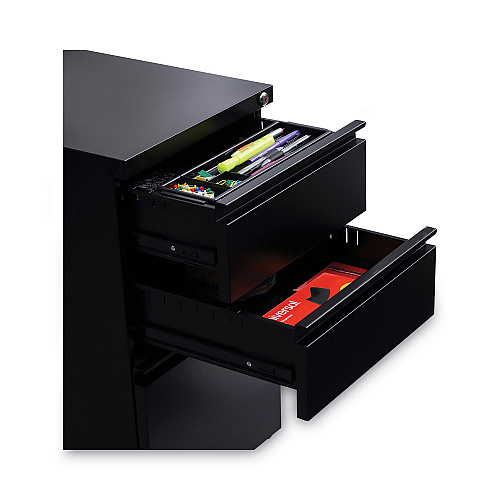 Alera File Pedestal with Full-Length Pull, Left or Right, 3-Drawers: Box/Box/File, Legal/Letter, Black, 14.96" x 19.29" x 27.75" (ALEPBBBFBL)