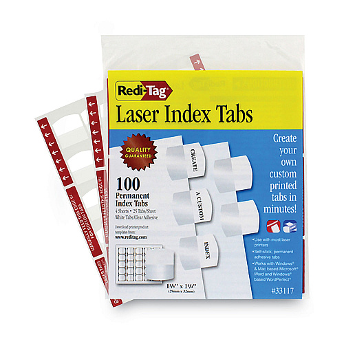 Redi-Tag Laser Printable Index Tabs, 1/5-Cut, White, 1.13" Wide, 100/Pack (33117)