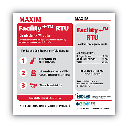 Maxim Facility+ RTU Disinfectant, Safe-to-Ship, Unscented, 32 oz, 6/Carton (04640086)