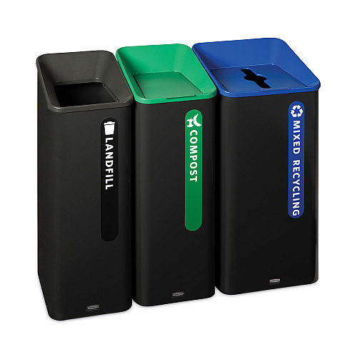 Rubbermaid Commercial Sustain Decorative Refuse with Recycling Lid, 15 gal, Metal/Plastic, Black/Green (2078991)