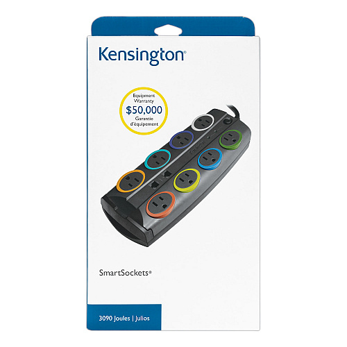 Kensington SmartSockets Surge Protector, 8 AC Outlets, 8 ft Cord, 3,090 J, Dark Gray (62691)