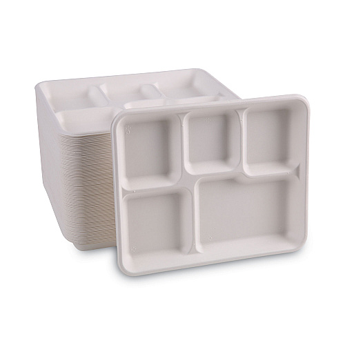Boardwalk Bagasse Dinnerware, 5-Compartment Tray, 10 x 8, White, 500/Carton (BWKTRAYWF128)