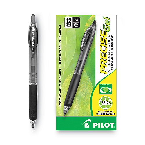 Pilot Precise Gel BeGreen Gel Pen, Retractable, Fine 0.7 mm, Black Ink, Smoke Barrel, Dozen (15001)