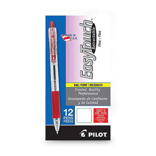 Pilot EasyTouch Ballpoint Pen, Retractable, Fine 0.7 mm, Red Ink, Clear Barrel, Dozen (32212)