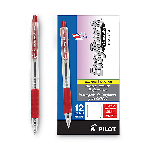 Pilot EasyTouch Ballpoint Pen, Retractable, Fine 0.7 mm, Red Ink, Clear Barrel, Dozen (32212)
