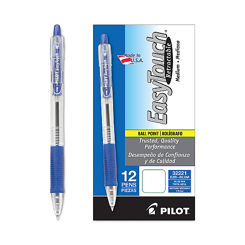 Pilot EasyTouch Ballpoint Pen, Retractable, Medium 1 mm, Blue Ink, Clear Barrel, Dozen (32221)