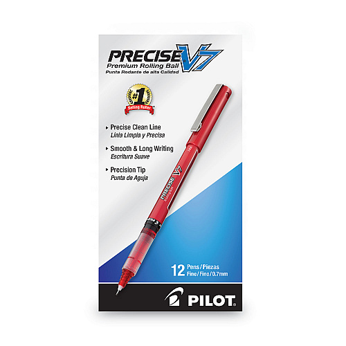 Pilot Precise V7 Roller Ball Pen, Stick, Fine 0.7 mm, Red Ink, Red/Clear Barrel, Dozen (35352)