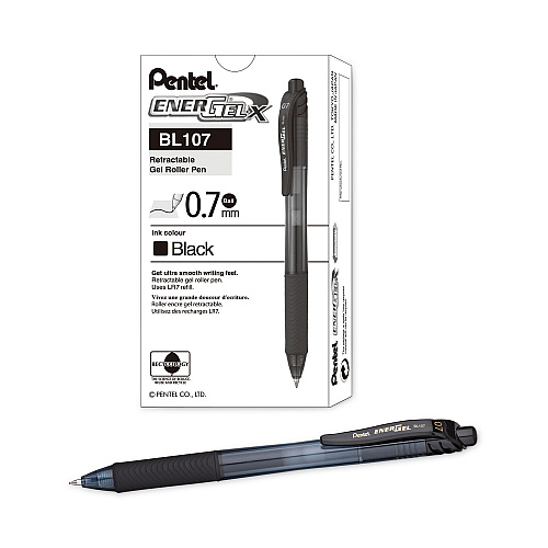 Pentel EnerGel-X Gel Pen, Retractable, Medium 0.7 mm, Black Ink, Smoke/Black Barrel, Dozen (BL107A)