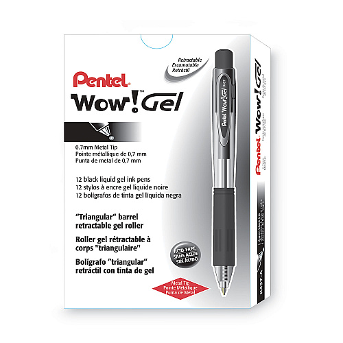 Pentel WOW! Gel Pen, Retractable, Medium 0.7 mm, Black Ink, Clear/Black Barrel, Dozen (K437A)
