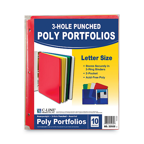 C-Line Two-Pocket Heavyweight Poly Portfolio Folder, 3-Hole Punch, 11 x 8.5, Assorted, 10/Pack (32930)