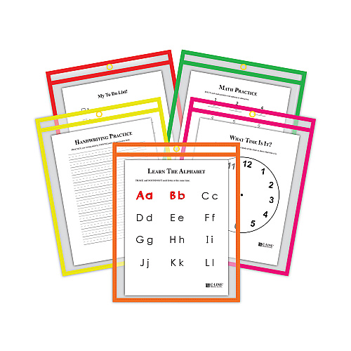 C-Line Reusable Dry Erase Pockets, 9 x 12, Assorted Neon Colors, 25/Box (40820)