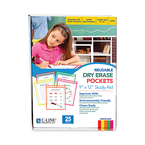 C-Line Reusable Dry Erase Pockets, 9 x 12, Assorted Neon Colors, 25/Box (40820)