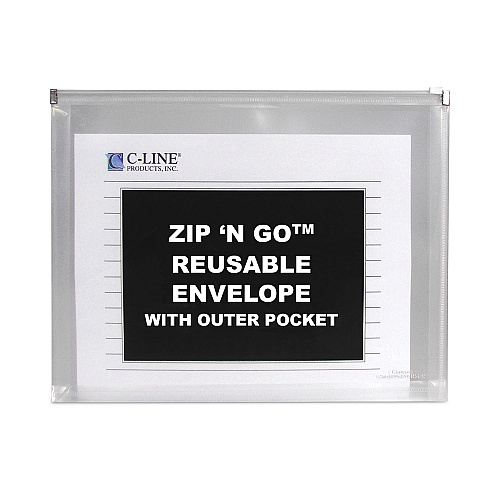 C-Line Zip 'N Go Reusable Envelope with Outer Pocket, 1" Capacity, 2 Sections, 10 x 13, Clear, 3/Pack (48117)