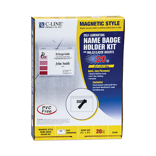 C-Line Self-Laminating Magnetic Style Name Badge Holder Kit, 2" x 3", Clear, 20/Box (92823)