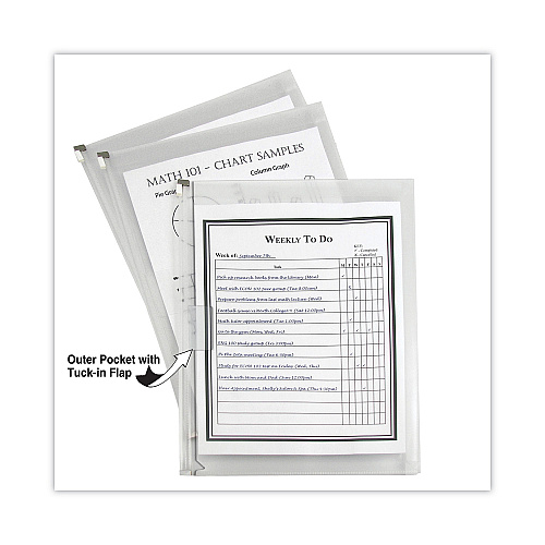 C-Line Zip 'N Go Reusable Envelope with Outer Pocket, 1" Capacity, 2 Sections, 10 x 13, Clear, 3/Pack (48117)