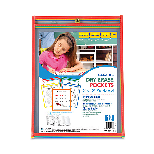 C-Line Reusable Dry Erase Pockets, 9 x 12, Assorted Primary Colors, 10/Pack (40610)