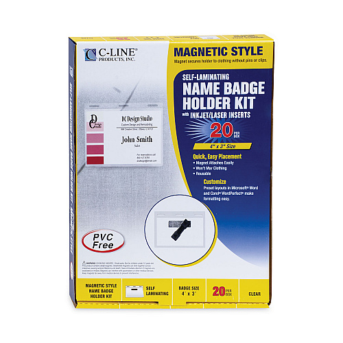 C-Line Self-Laminating Magnetic Style Name Badge Holder Kit, 3" x 4", Clear, 20/Box (92843)