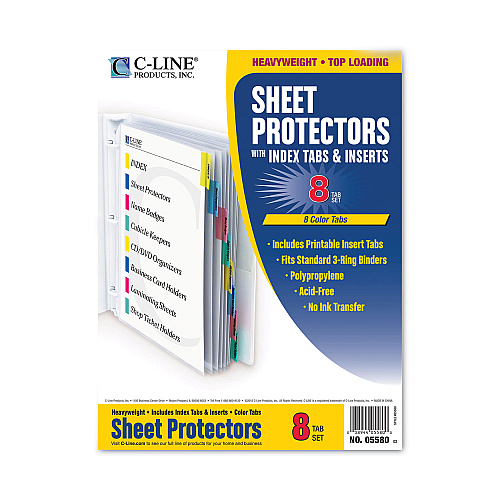 C-Line Sheet Protectors with Index Tabs, Assorted Color Tabs, 2", 11 x 8.5, 8/Set (05580)