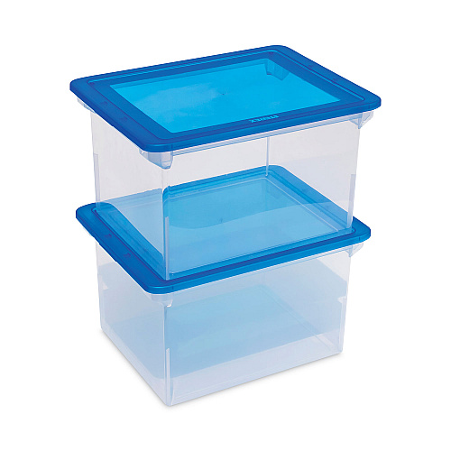 Storex Plastic File Tote, Letter/Legal Files, 18.5" x 14.25" x 10.88", Clear/Blue (61508U01C)