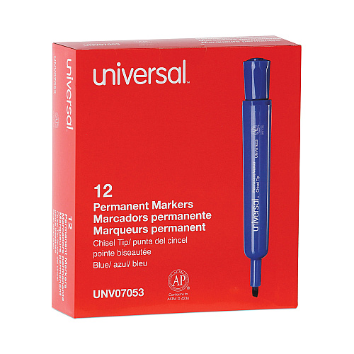 Universal Chisel Tip Permanent Marker, Broad Chisel Tip, Blue, Dozen (UNV07053)
