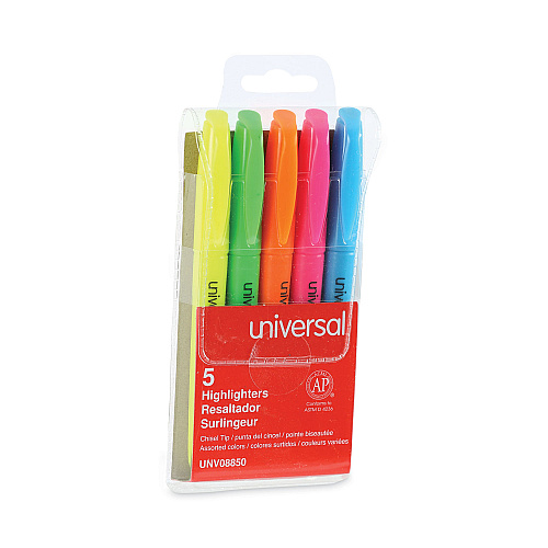 Universal Pocket Highlighters, Assorted Ink Colors, Chisel Tip, Assorted Barrel Colors, 5/Set (UNV08850)