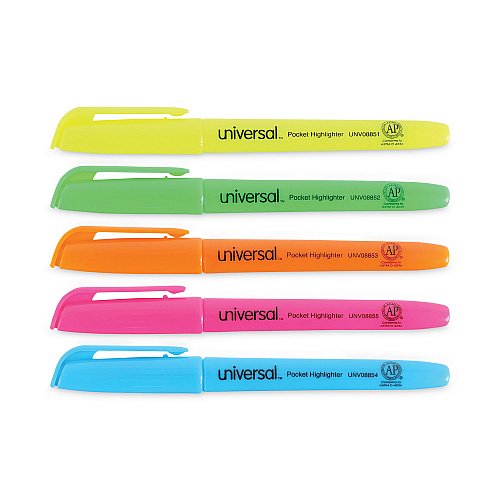 Universal Pocket Highlighters, Assorted Ink Colors, Chisel Tip, Assorted Barrel Colors, 5/Set (UNV08850)