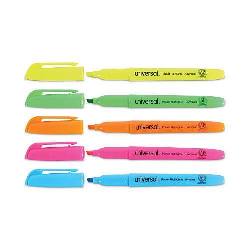 Universal Pocket Highlighters, Assorted Ink Colors, Chisel Tip, Assorted Barrel Colors, 5/Set (UNV08850)