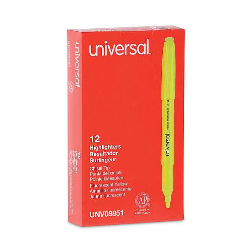 Universal Pocket Highlighters, Fluorescent Yellow Ink, Chisel Tip, Yellow Barrel, Dozen (UNV08851)