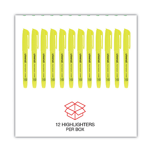 Universal Pocket Highlighters, Fluorescent Yellow Ink, Chisel Tip, Yellow Barrel, Dozen (UNV08851)