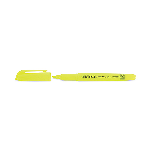 Universal Pocket Highlighters, Fluorescent Yellow Ink, Chisel Tip, Yellow Barrel, Dozen (UNV08851)