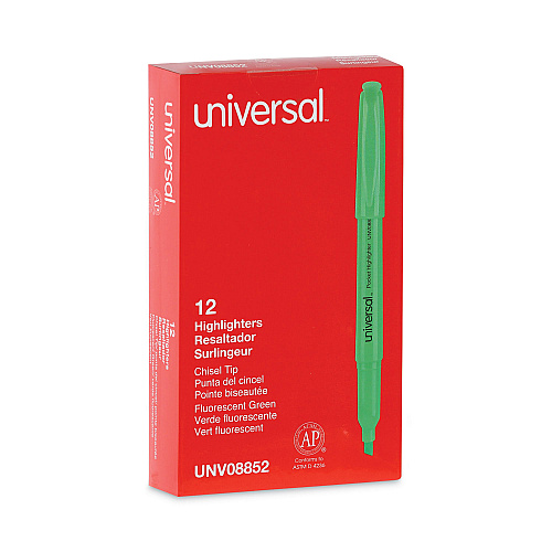 Universal Pocket Highlighters, Fluorescent Green Ink, Chisel Tip, Green Barrel, Dozen (UNV08852)