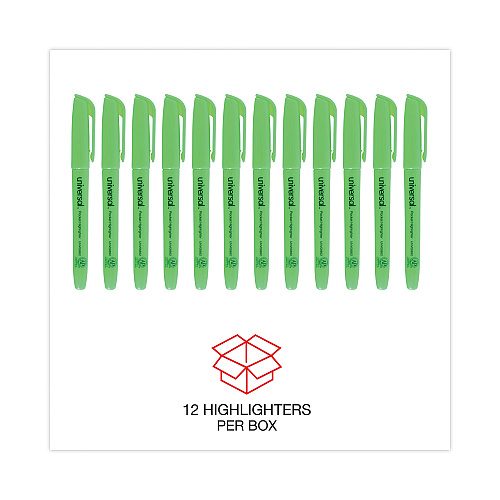 Universal Pocket Highlighters, Fluorescent Green Ink, Chisel Tip, Green Barrel, Dozen (UNV08852)