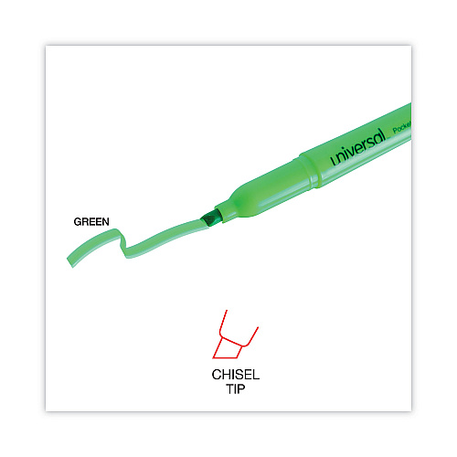 Universal Pocket Highlighters, Fluorescent Green Ink, Chisel Tip, Green Barrel, Dozen (UNV08852)
