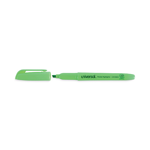 Universal Pocket Highlighters, Fluorescent Green Ink, Chisel Tip, Green Barrel, Dozen (UNV08852)