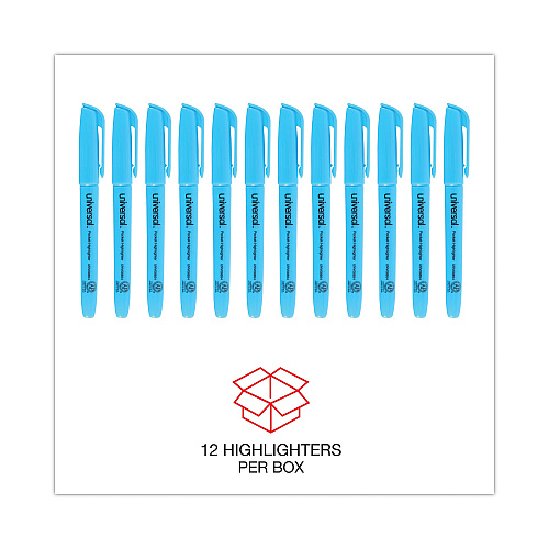 Universal Pocket Highlighters, Fluorescent Blue Ink, Chisel Tip, Blue Barrel, Dozen (UNV08854)