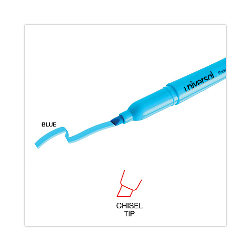Universal Pocket Highlighters, Fluorescent Blue Ink, Chisel Tip, Blue Barrel, Dozen (UNV08854)