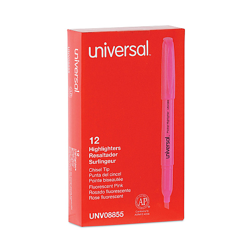 Universal Pocket Highlighters, Fluorescent Pink Ink, Chisel Tip, Pink Barrel, Dozen (UNV08855)