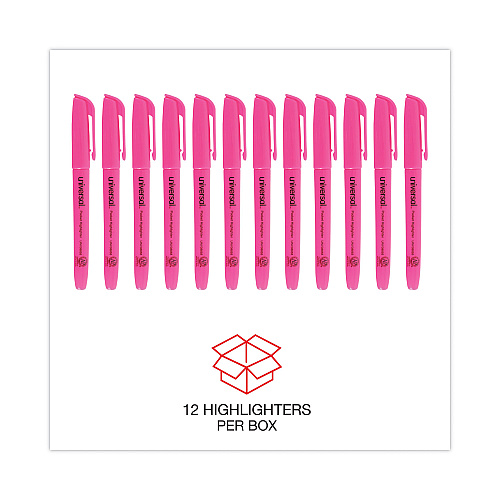 Universal Pocket Highlighters, Fluorescent Pink Ink, Chisel Tip, Pink Barrel, Dozen (UNV08855)